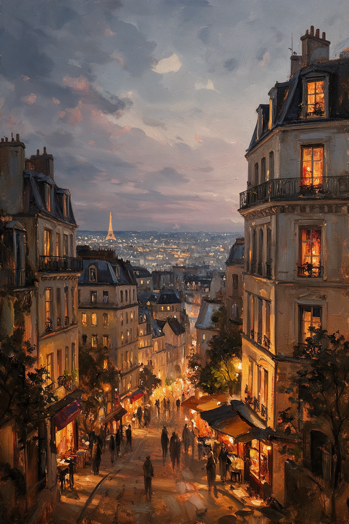 a bustling city street at night, with a mix of old and modern buildings lining the street. The street is filled with people, creating a lively atmosphere. The cityscape in the background is illuminated by the warm glow of streetlights and building lights, with the Eiffel Tower visible in the distance. The overall scene conveys a sense of energy and activity, characteristic of a vibrant urban environment.