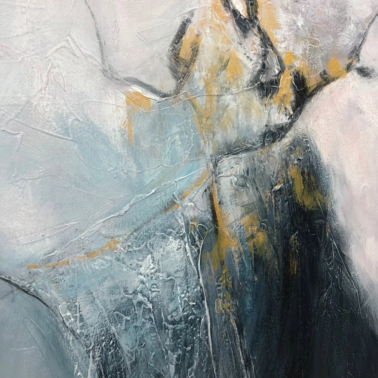 The image is an abstract painting with bold brushstrokes and a mix of blue, yellow, and black colors. The painting appears to be a dynamic and expressive piece of art.