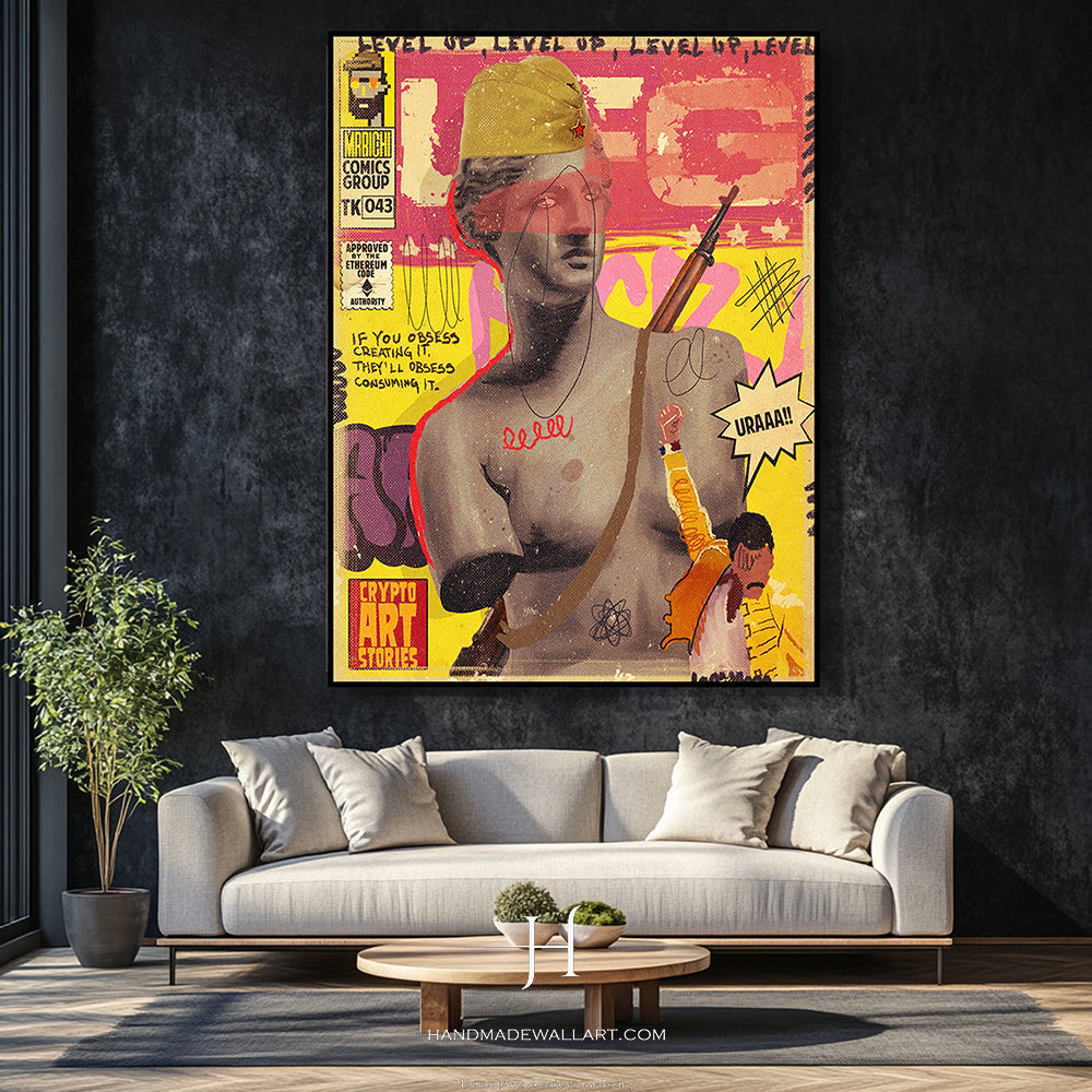 a living room with a couch and a painting on the wall
