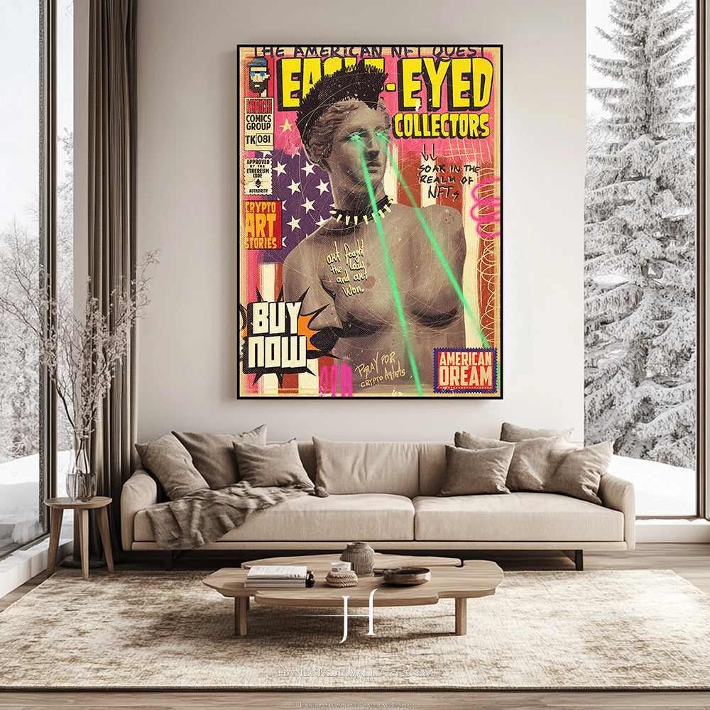 a living room filled with furniture and a painting on the wall