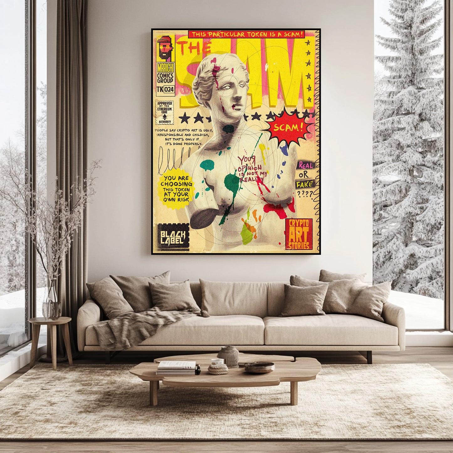 a living room with a couch and a painting on the wall