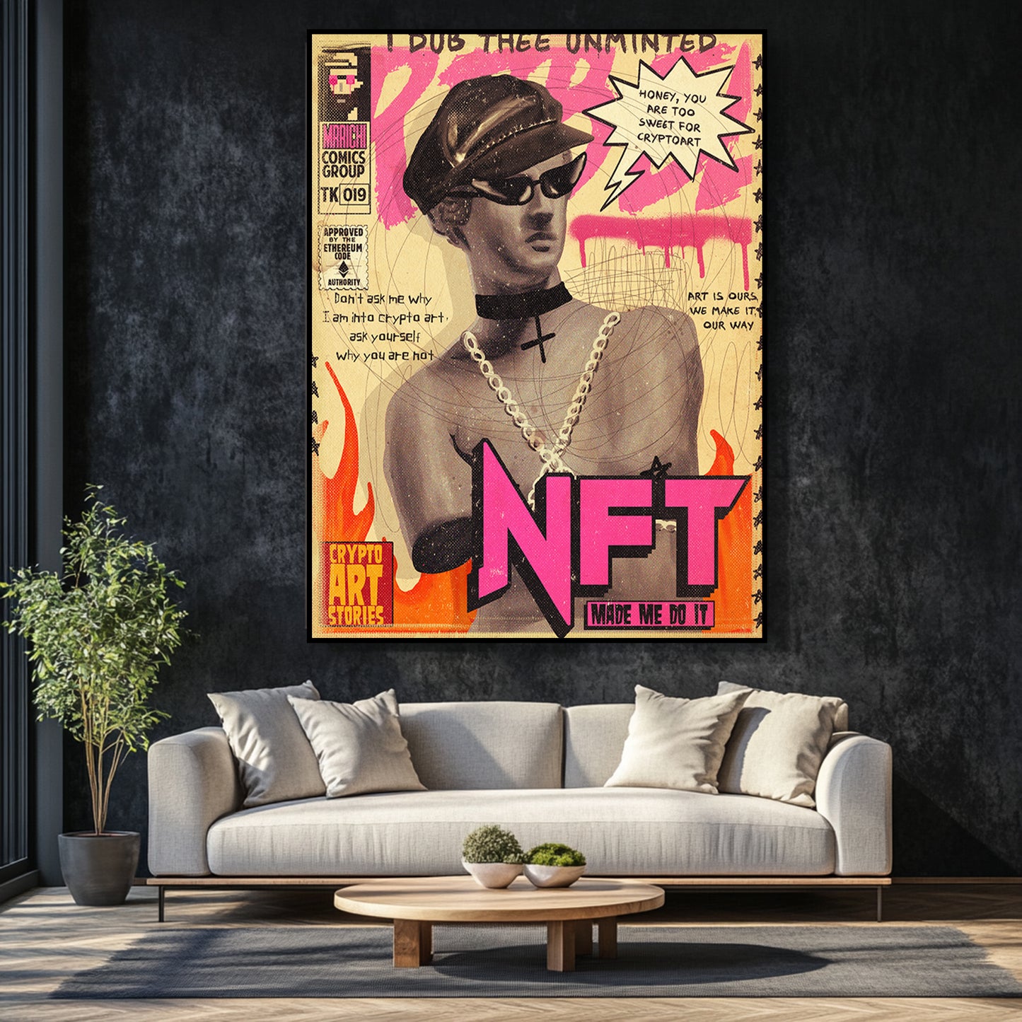 a living room with a couch and a painting on the wall