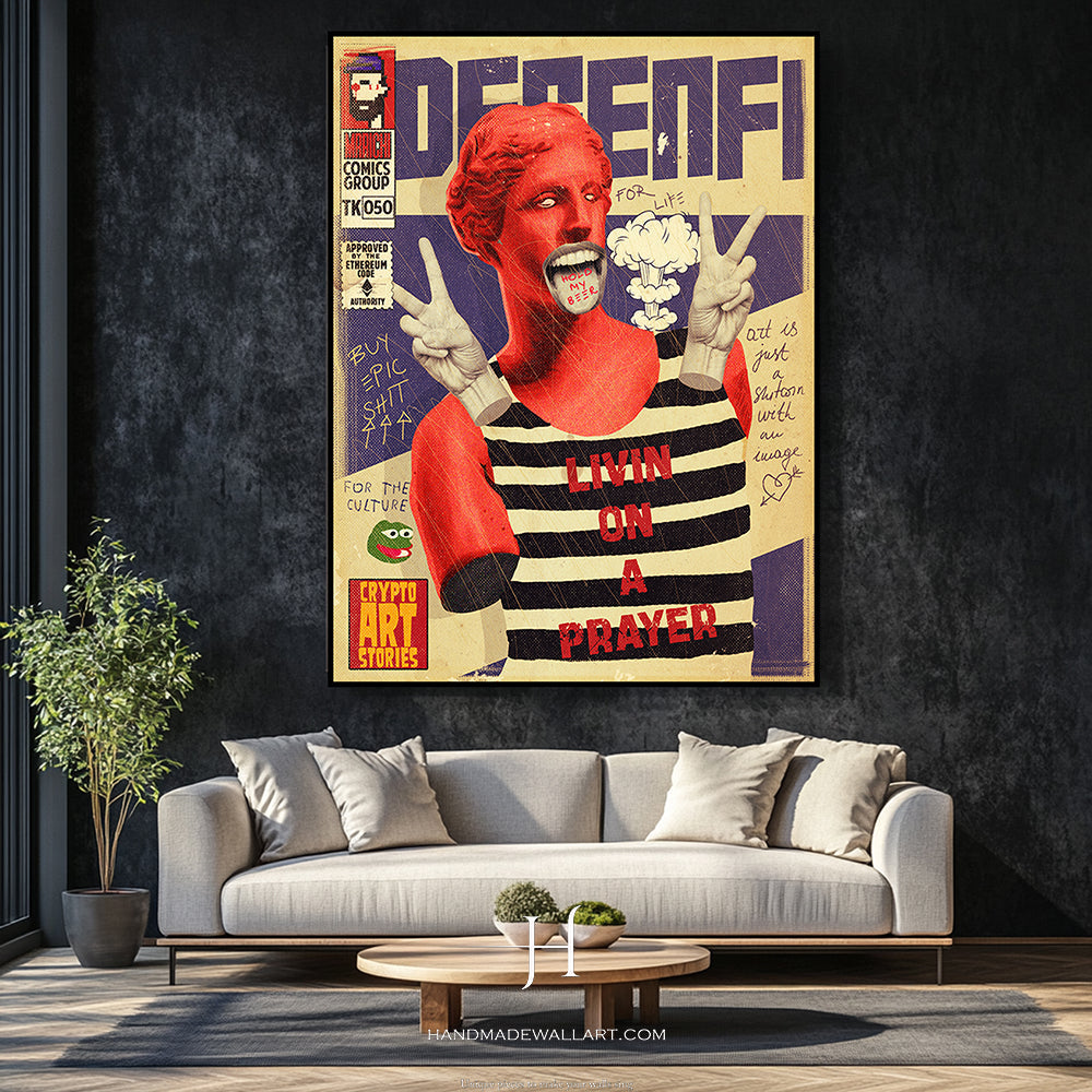 a living room with a couch and a painting on the wall