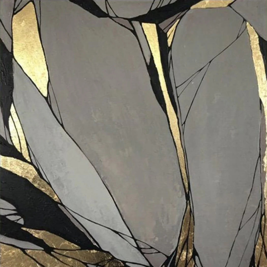 The image is an abstract painting with a mix of gray, black, and gold colors. The painting features a variety of shapes and lines, creating a dynamic and visually striking composition.