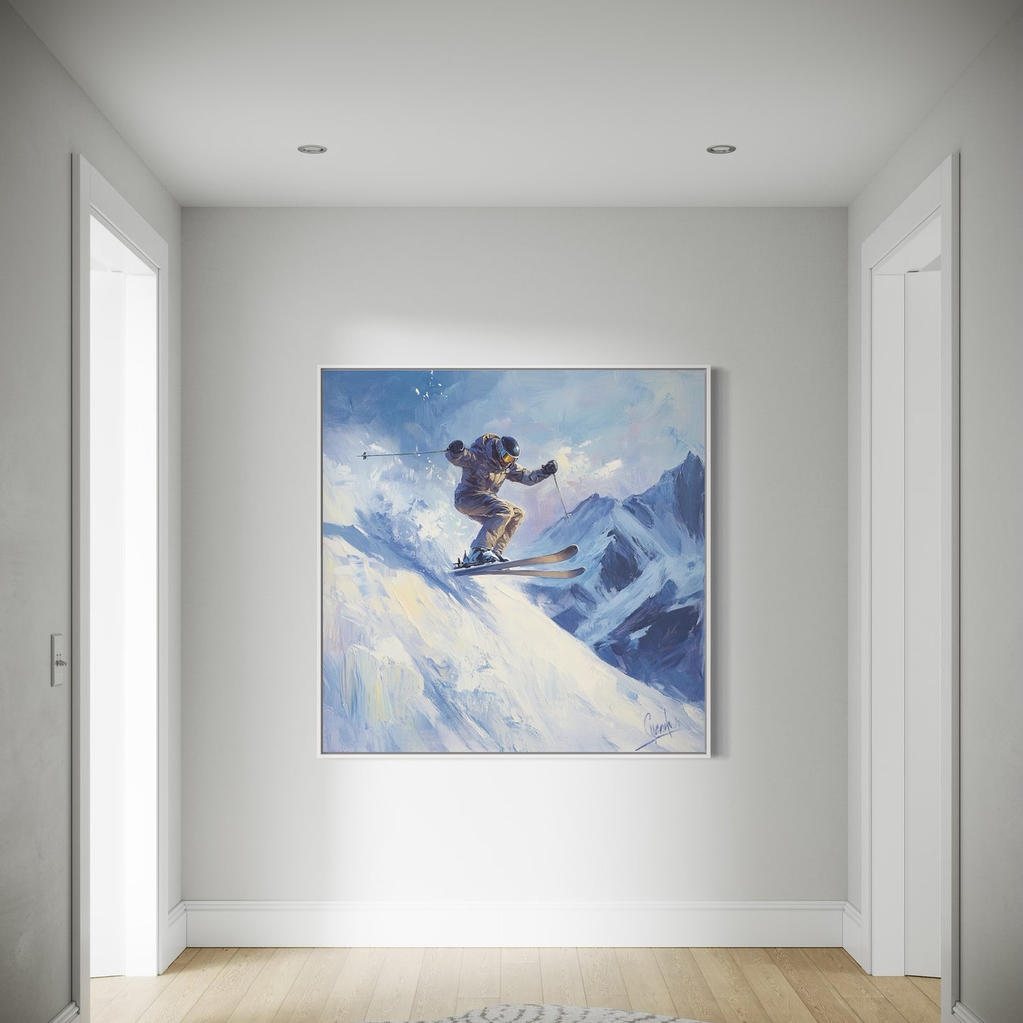 a painting of a skier on a snowy mountain
