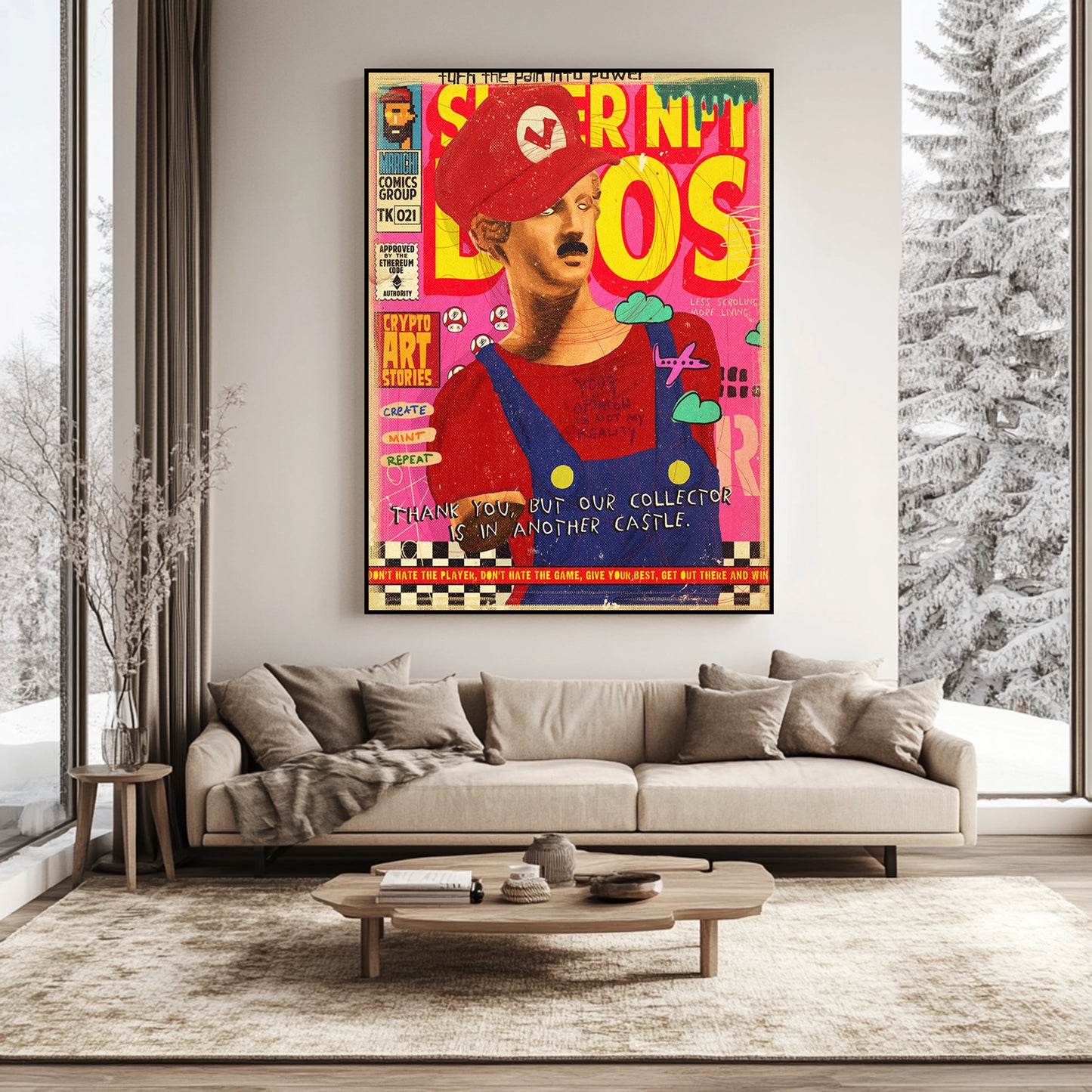 a living room with a couch and a painting on the wall