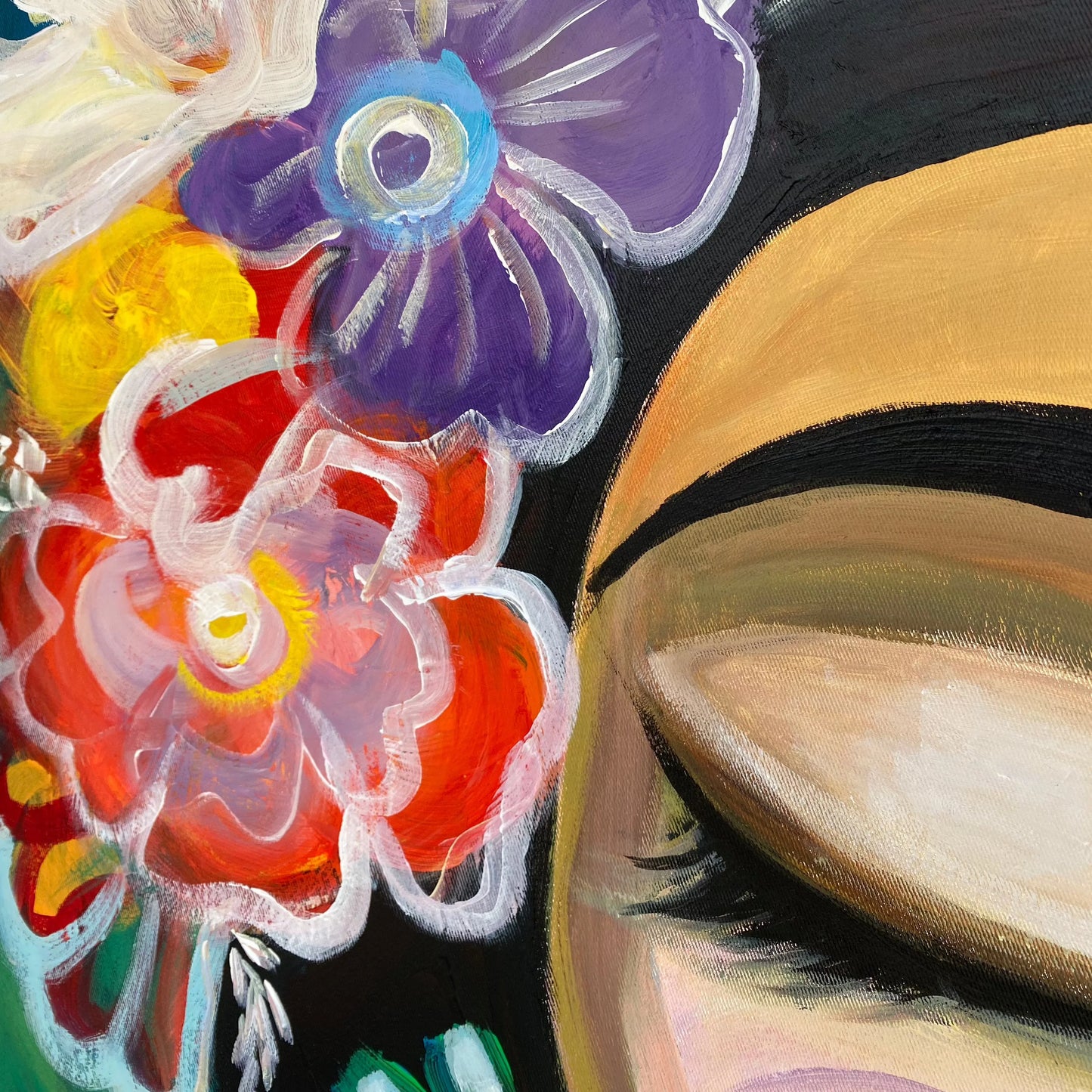 The image is a close-up of a painting featuring a woman's face with a large, colorful flower in the background.