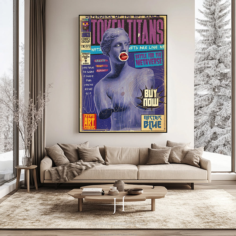 a living room with a couch and a poster on the wall