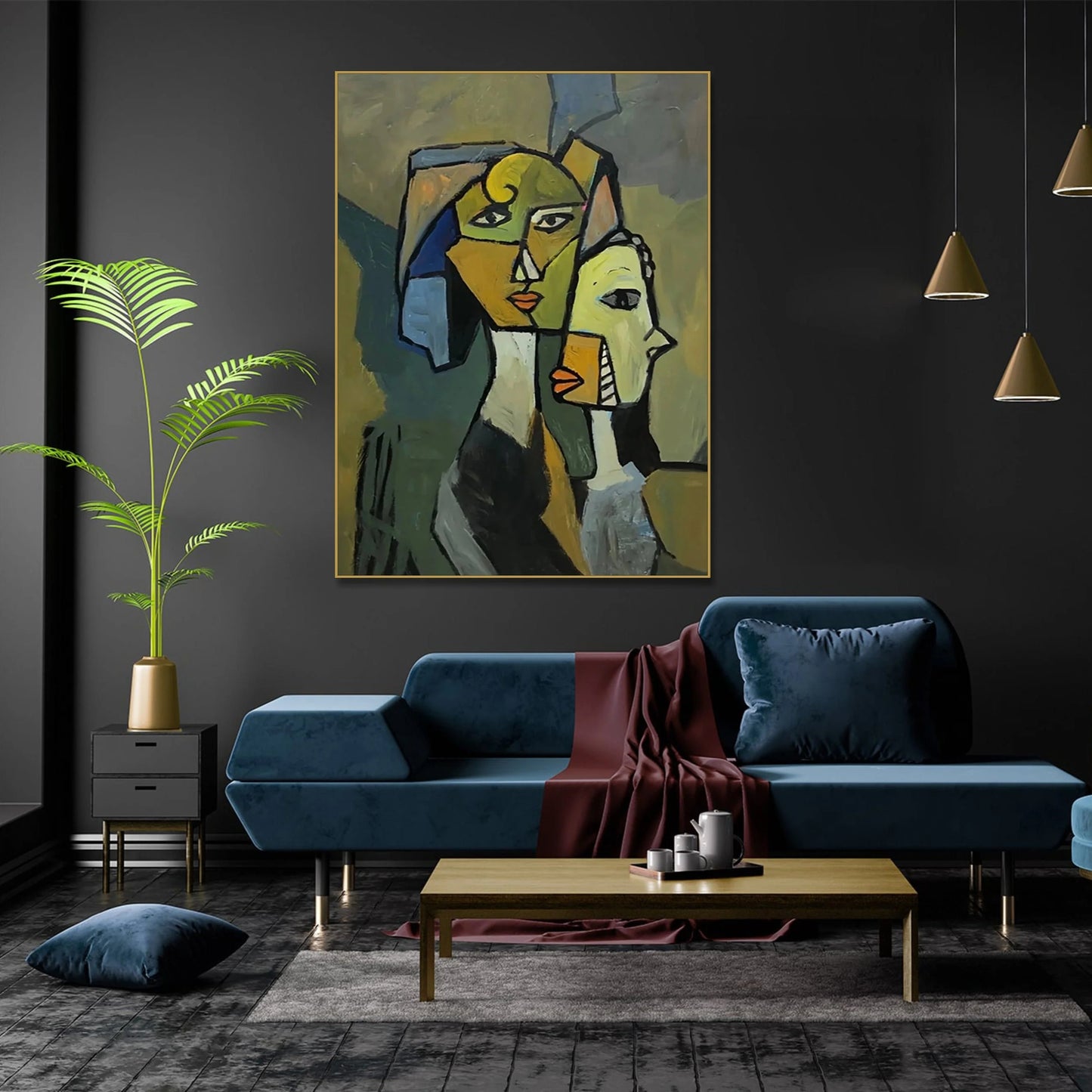 a modern living room with a blue sofa, a wooden coffee table, and a large abstract painting hanging on the wall above the sofa.