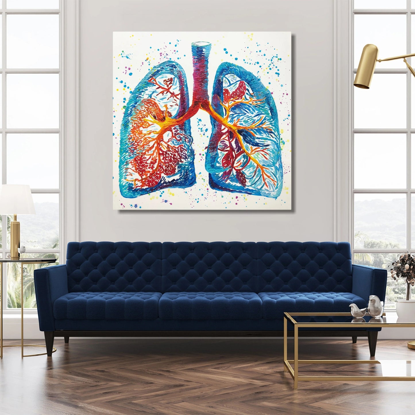 a large, colorful painting of lungs hanging on a wall in a modern living room setting.