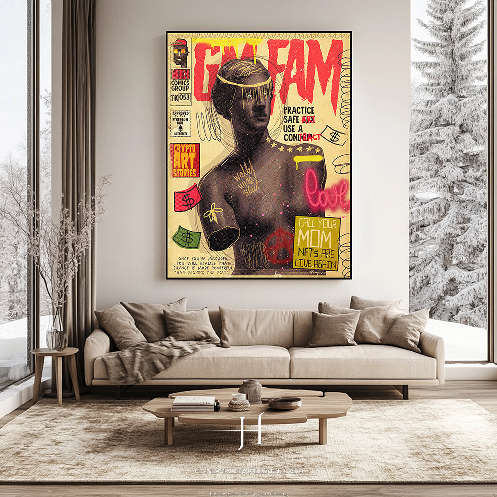 a living room with a couch and a painting on the wall