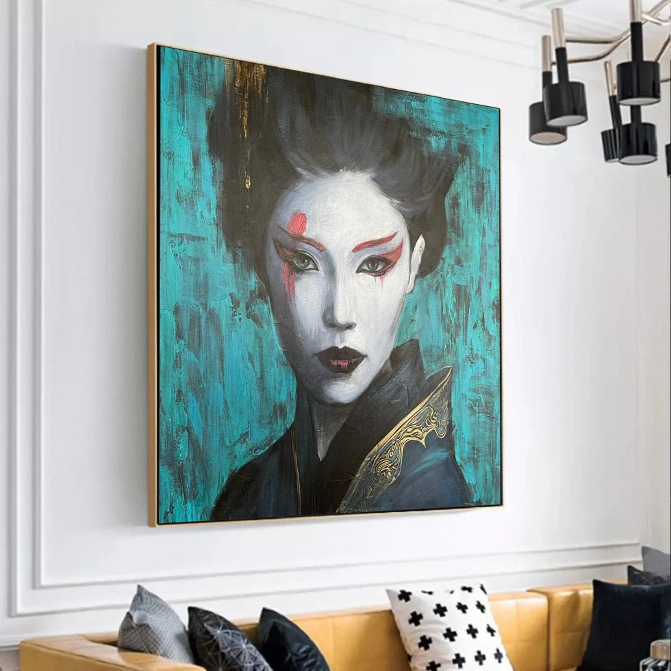 a large, colorful painting of a woman's face hanging on a wall.