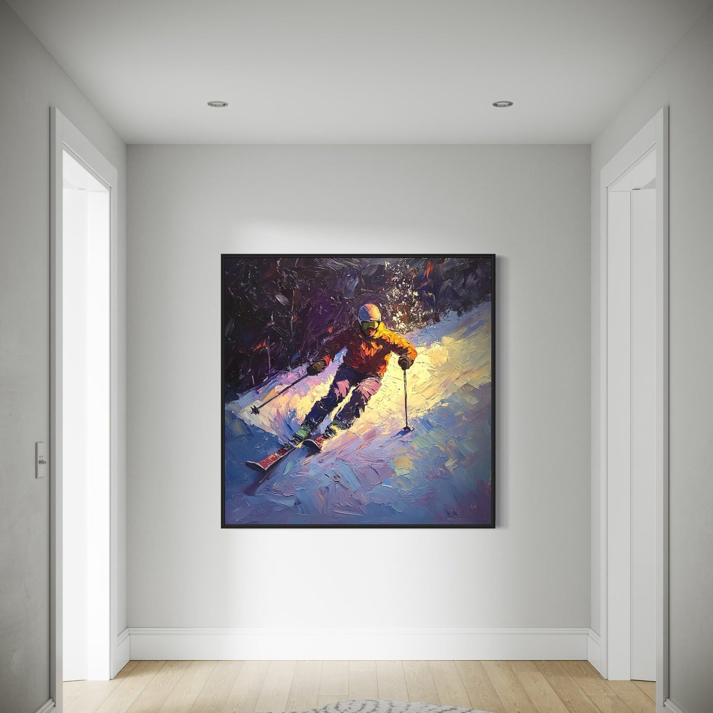a painting of a person skiing in the snow