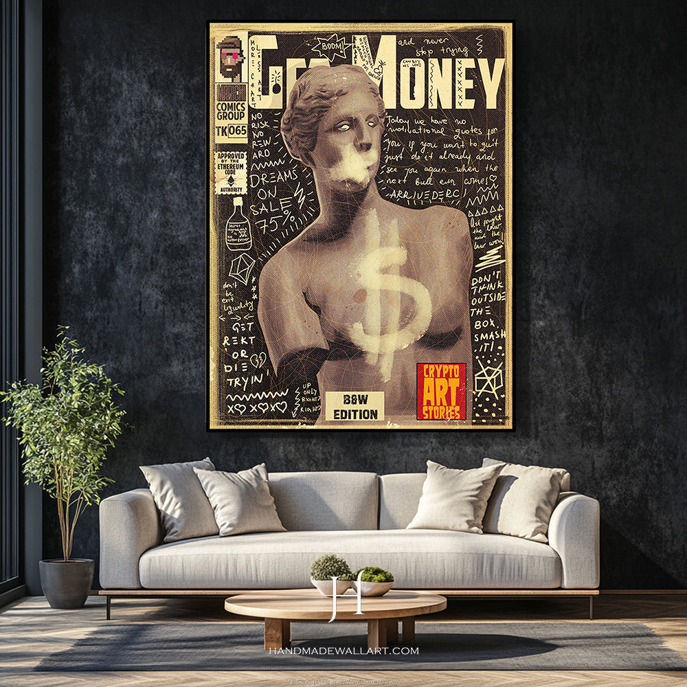 a living room with a couch and a painting on the wall