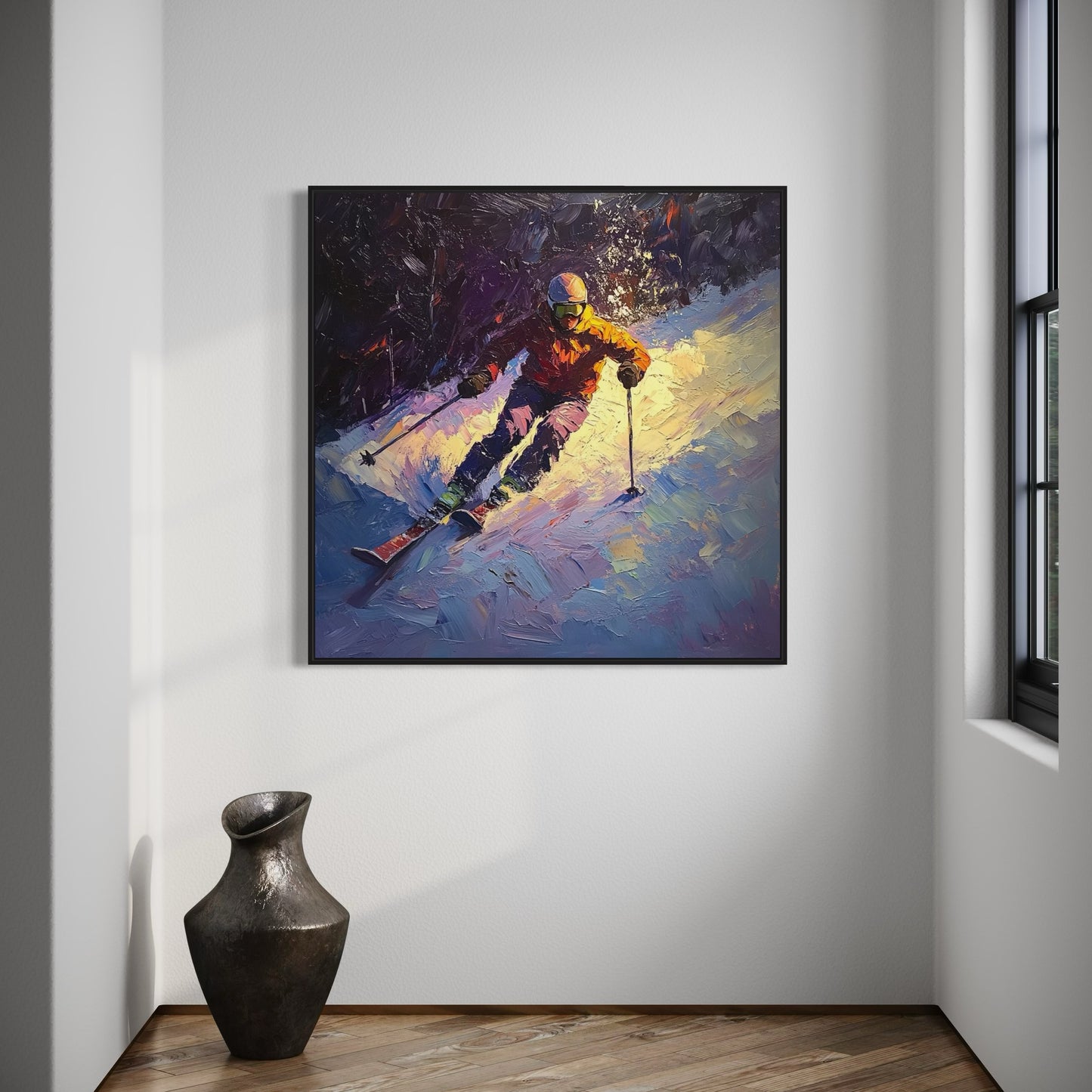a painting of a person skiing in the snow