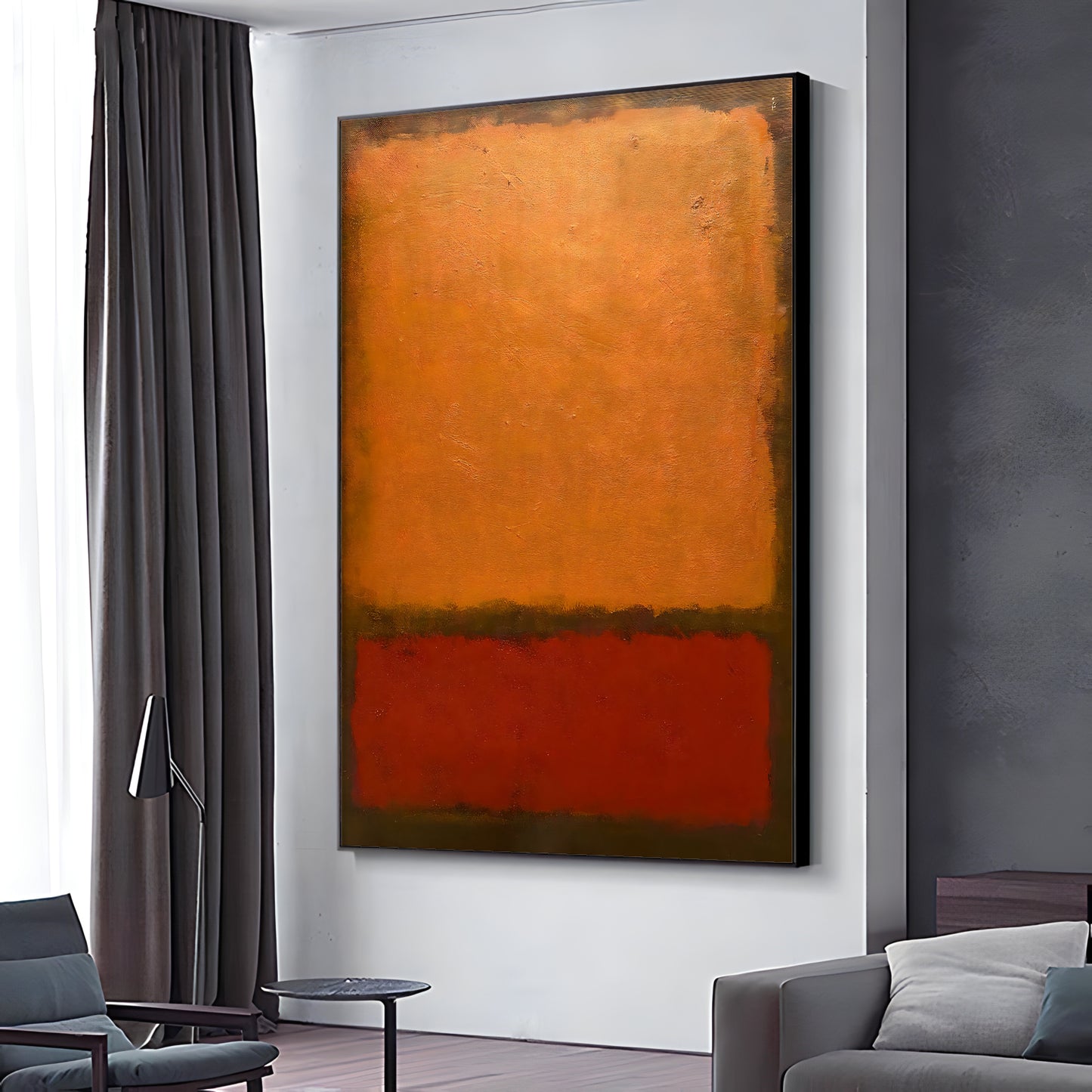 a living room with a couch and a painting on the wall