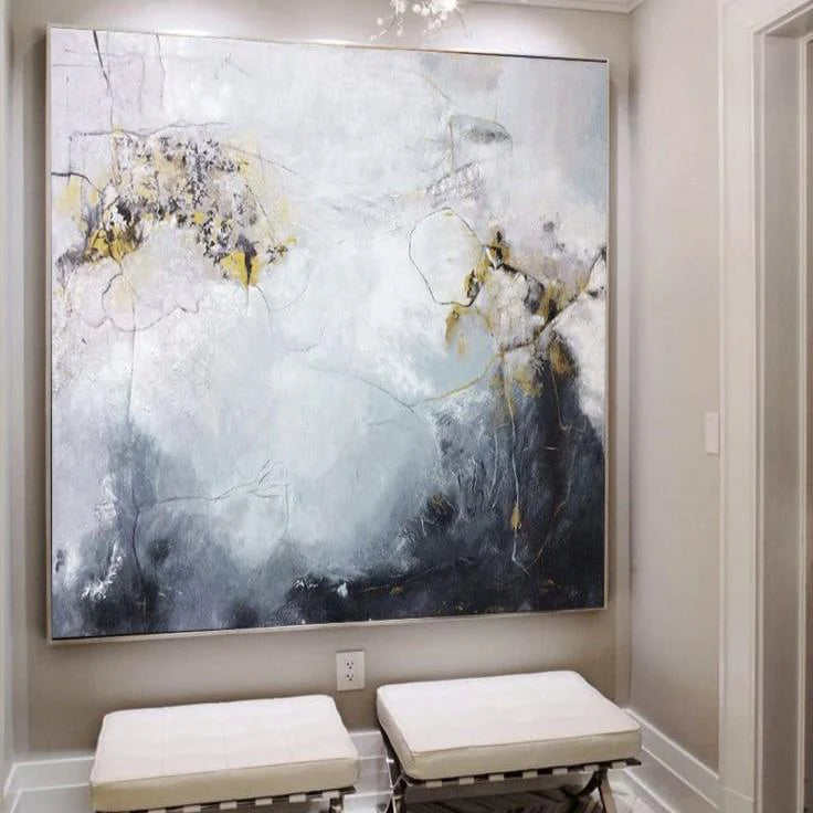 a large abstract painting hanging on a wall, with a minimalist and modern design.