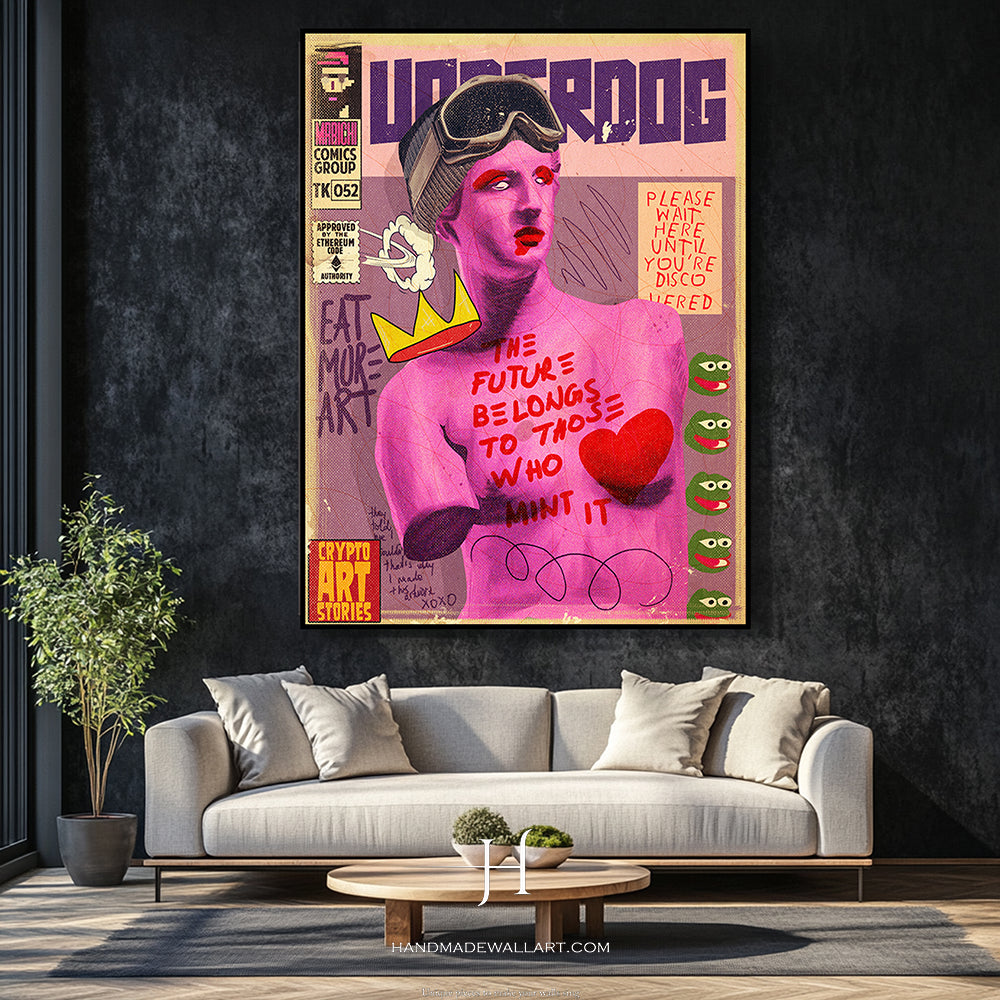 a living room with a couch and a painting on the wall