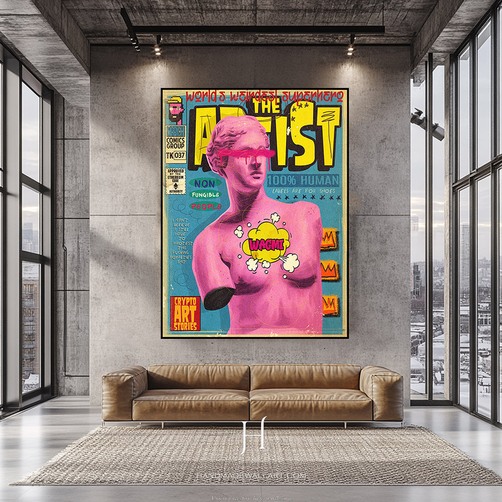 a living room with a couch and a painting on the wall
