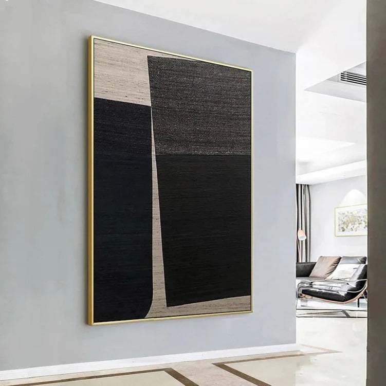 a large abstract painting hanging on a wall, with a minimalist and modern design.