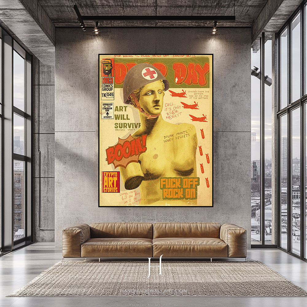 a living room with a couch and a poster on the wall