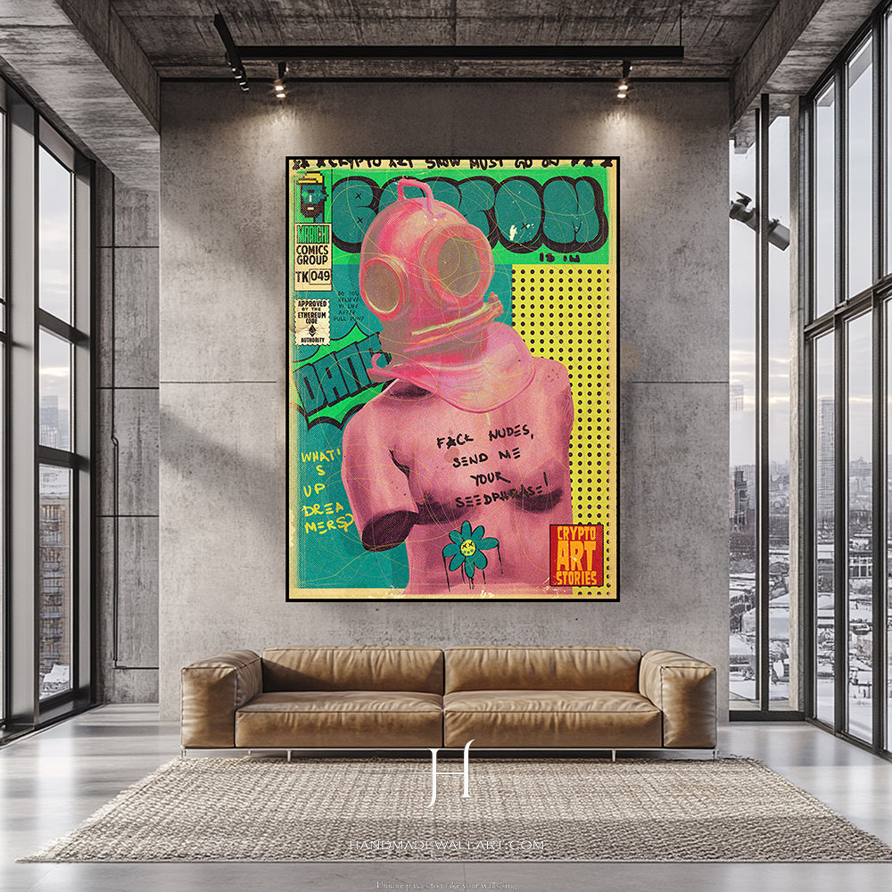 a living room with a couch and a painting on the wall