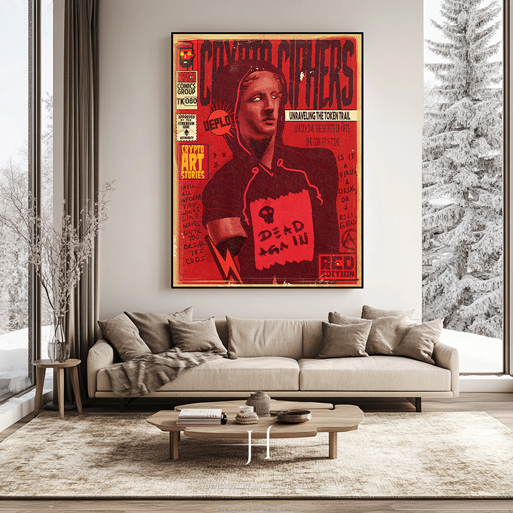a living room with a couch and a painting on the wall