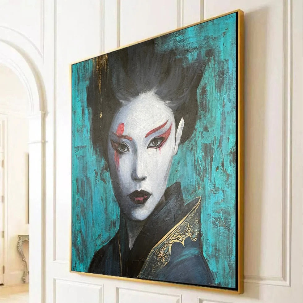 a large, colorful painting of a woman's face with striking makeup and a dark, dramatic expression.