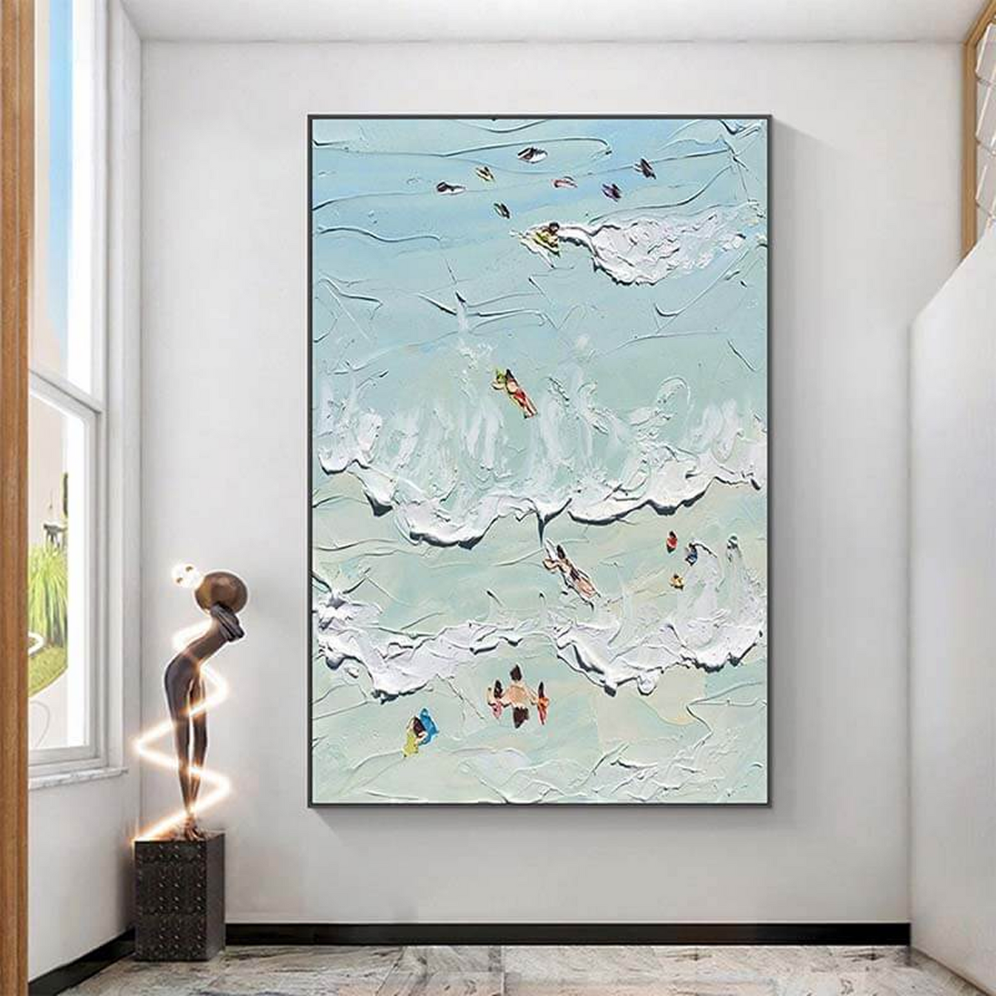 a painting hanging on a wall next to a window