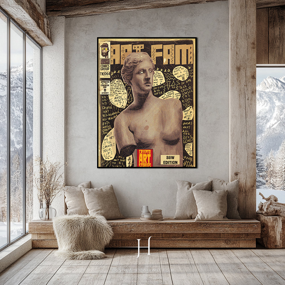 a living room with a couch and a poster on the wall