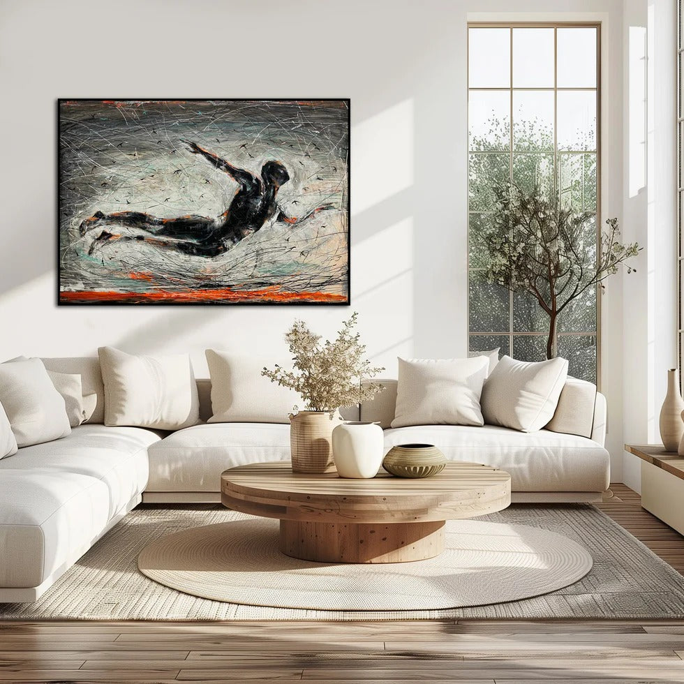 a modern living room with a large abstract painting hanging on the wall above a white sofa. The room has a wooden coffee table in the center, and a large window with a view of trees outside.
