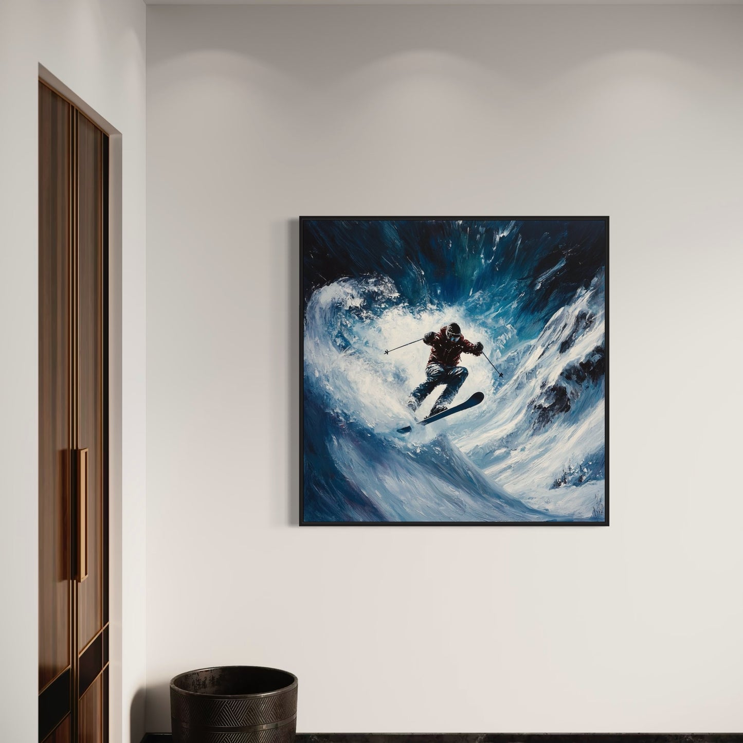 a painting of a man skiing on a wave