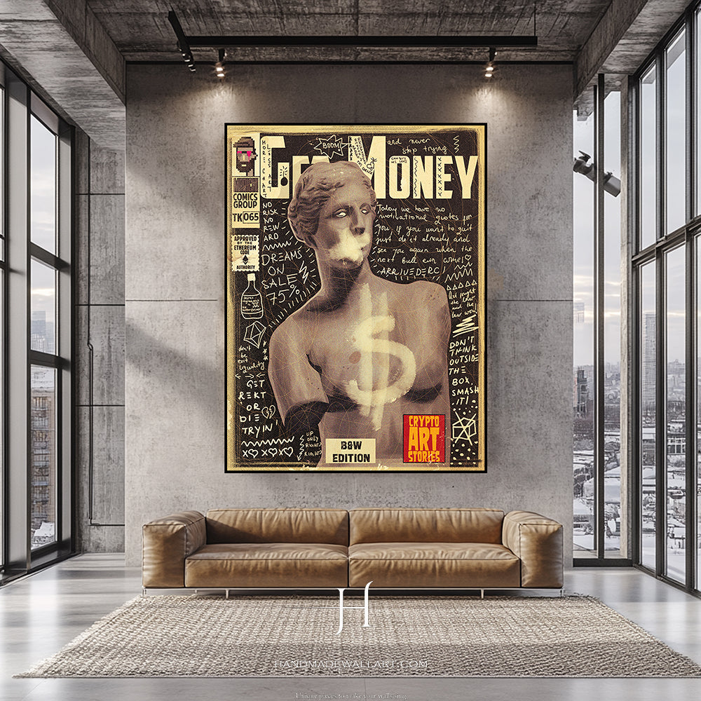 a living room with a couch and a poster on the wall