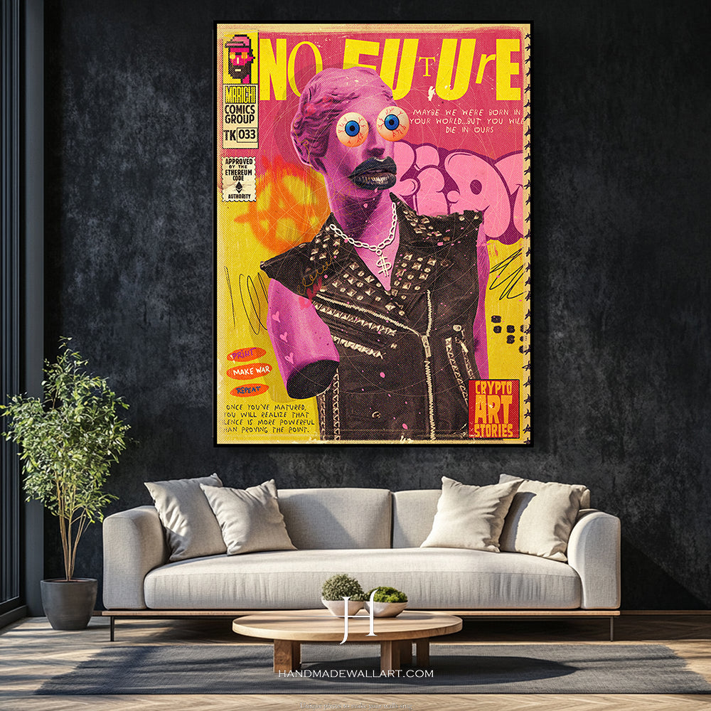 a living room with a couch and a painting on the wall