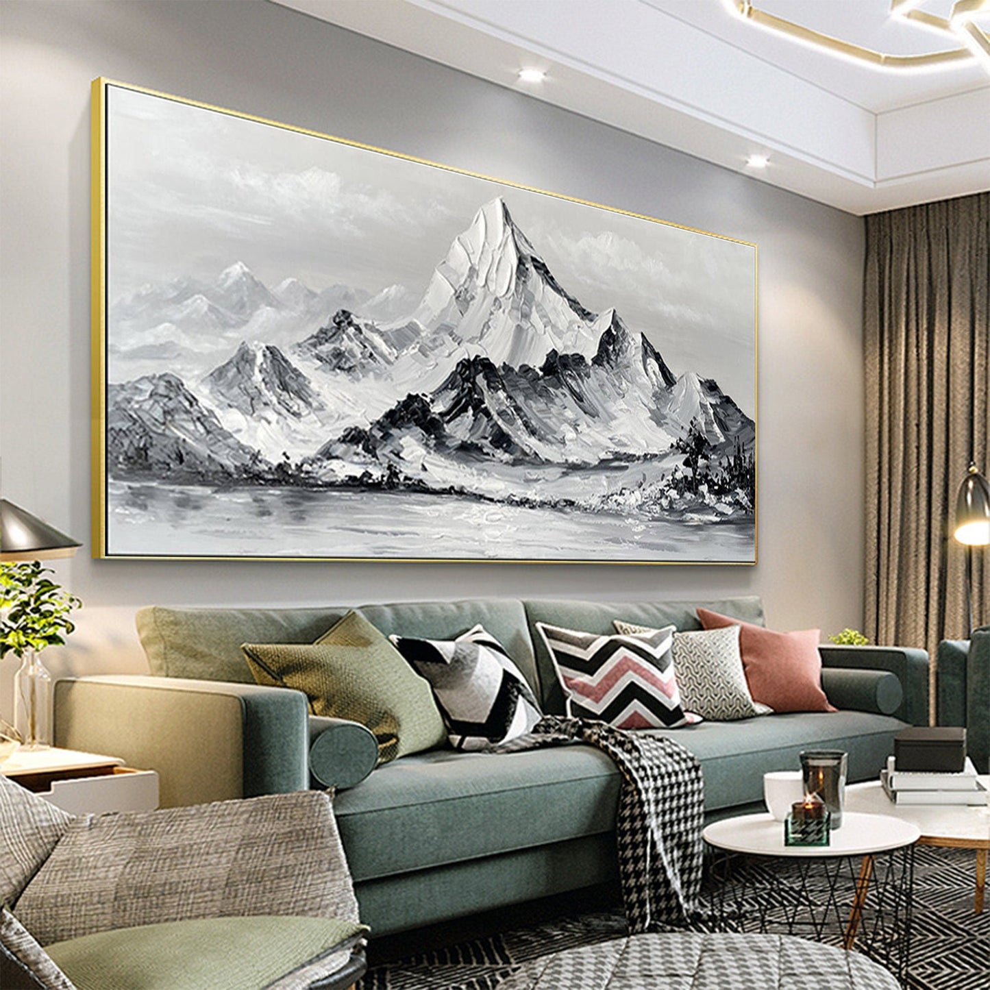 a living room filled with furniture and a painting on the wall