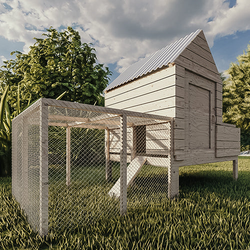 a chicken coop in the middle of a grassy field