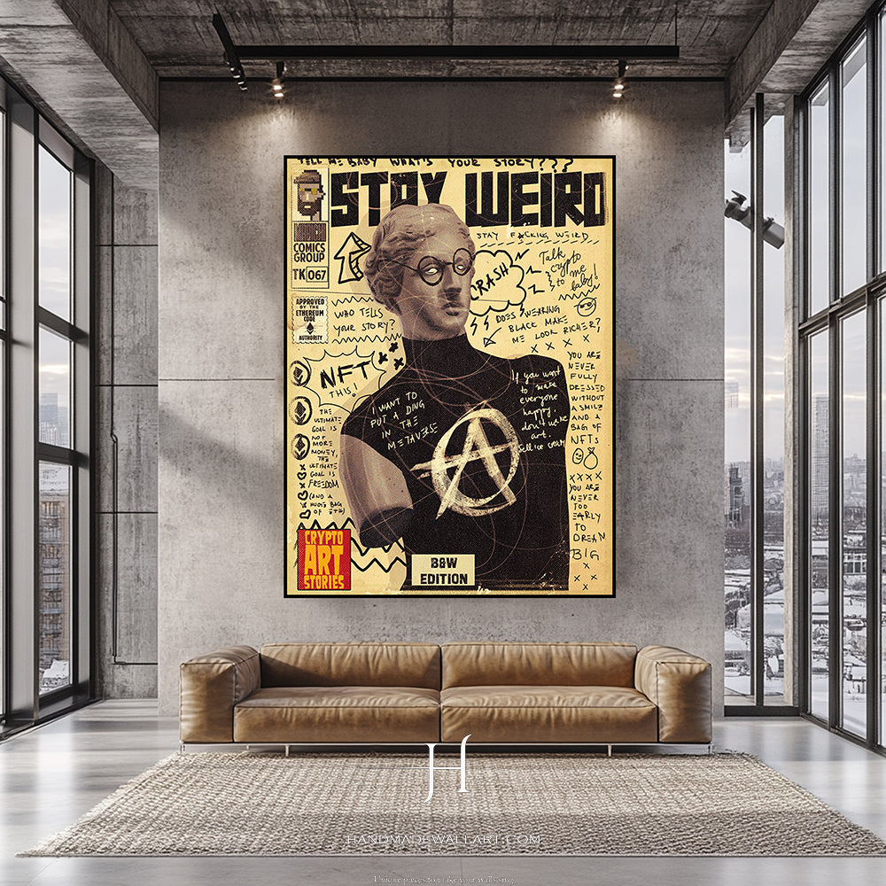 a living room with a couch and a poster on the wall