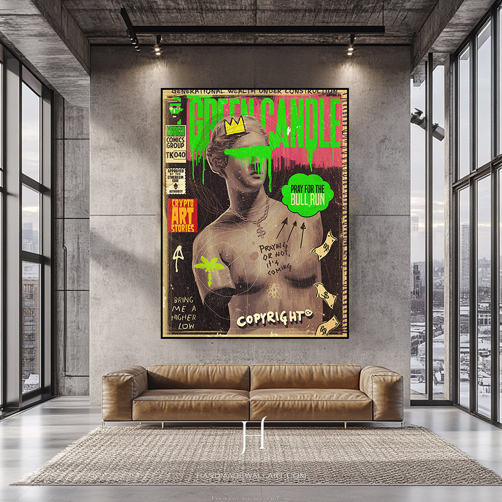 a living room with a couch and a poster on the wall