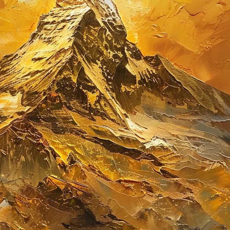 The image is a painting of a mountain with a golden hue, featuring a textured and layered appearance.