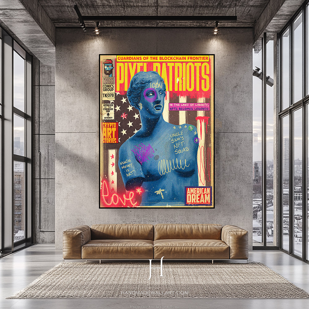 a living room with a couch and a poster on the wall
