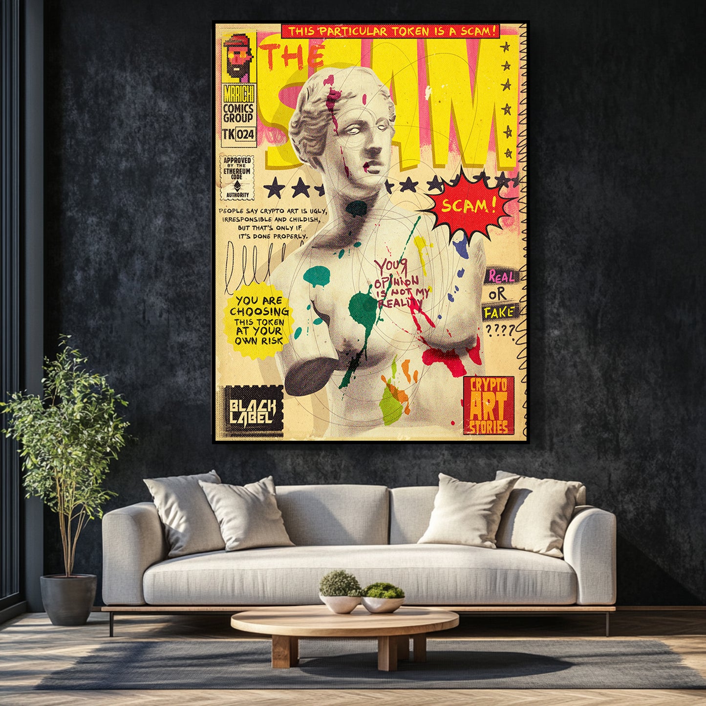 a living room with a couch and a painting on the wall