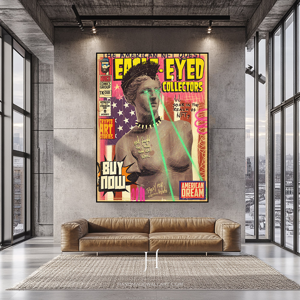 a living room with a couch and a poster on the wall