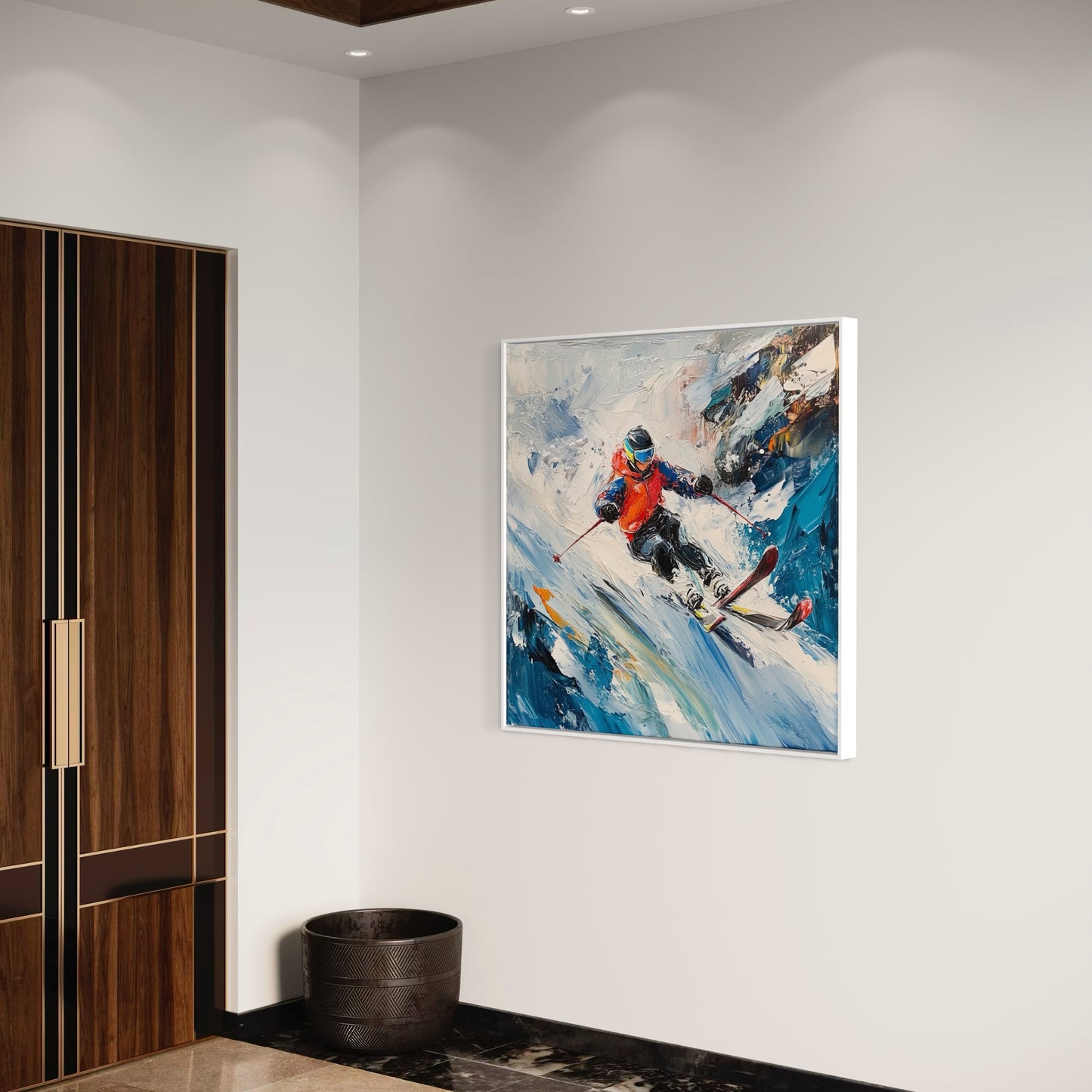 a painting hangs on the wall of a room