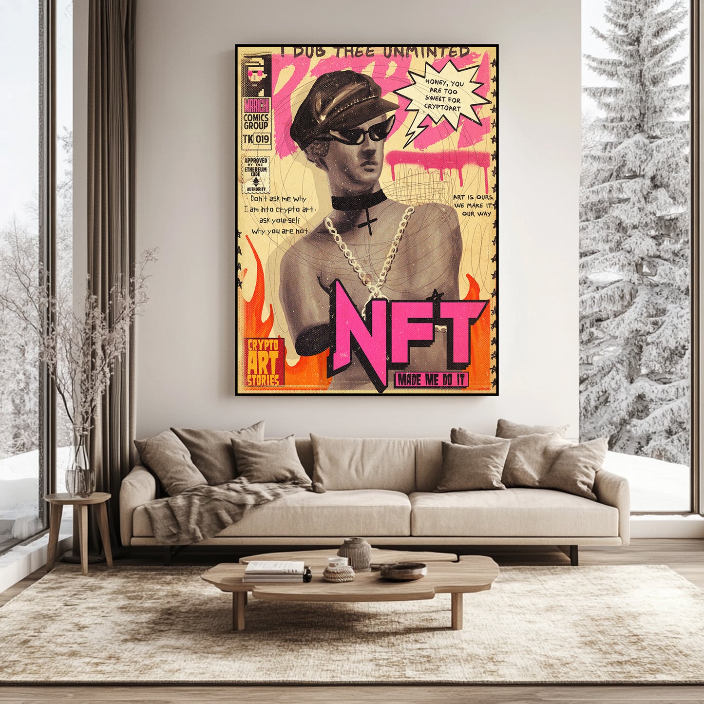 a living room with a couch and a painting on the wall