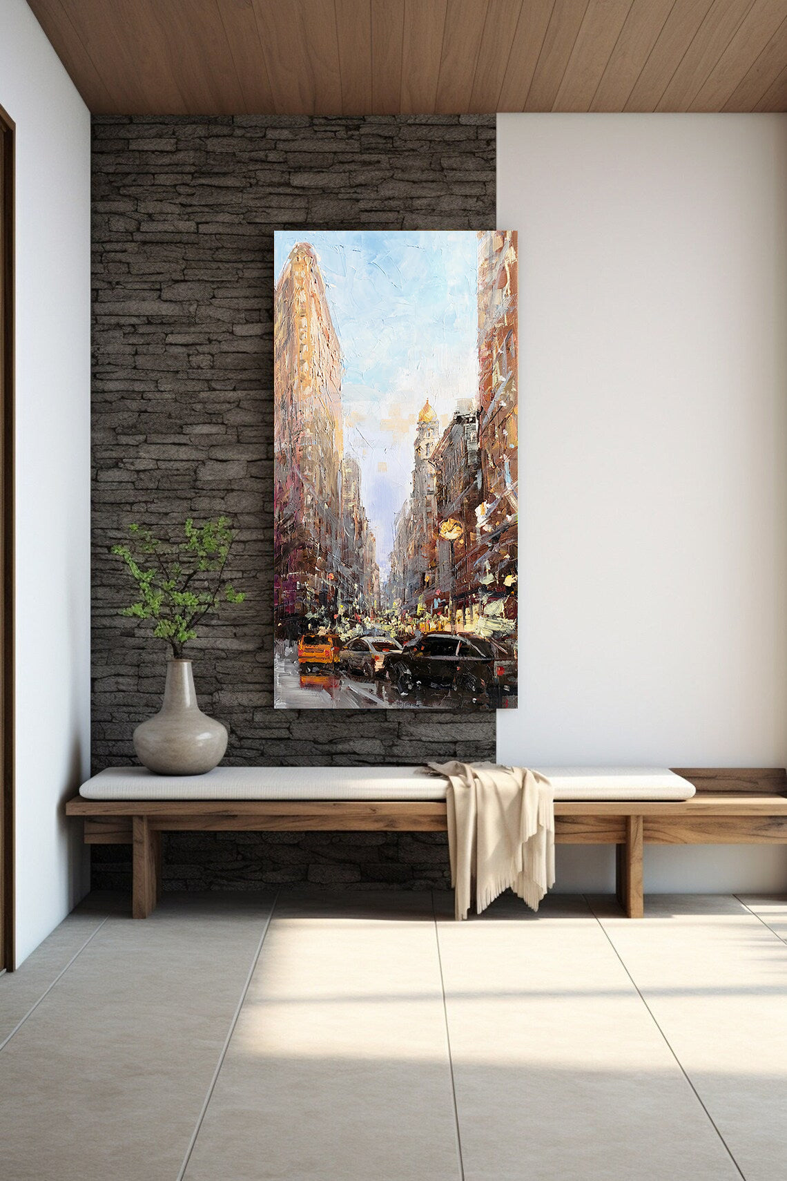 a painting of a city street with a bench in front of it