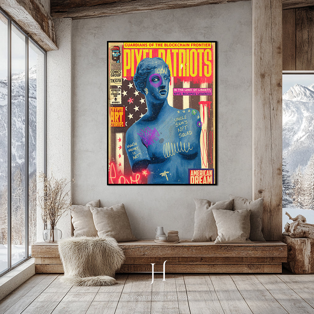 a living room with a couch and a painting on the wall