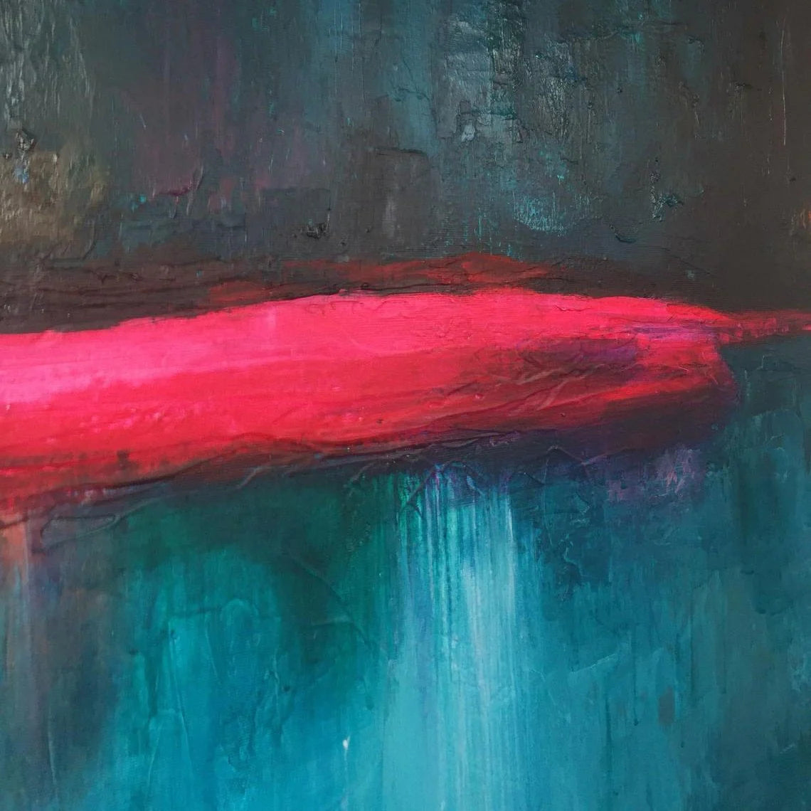 The image is an abstract painting with a bold, vibrant color palette. The dominant colors are red and blue, with splashes of green and black adding depth and contrast to the composition. The painting appears to be a modern art piece, with a textured surface and a sense of movement and energy.