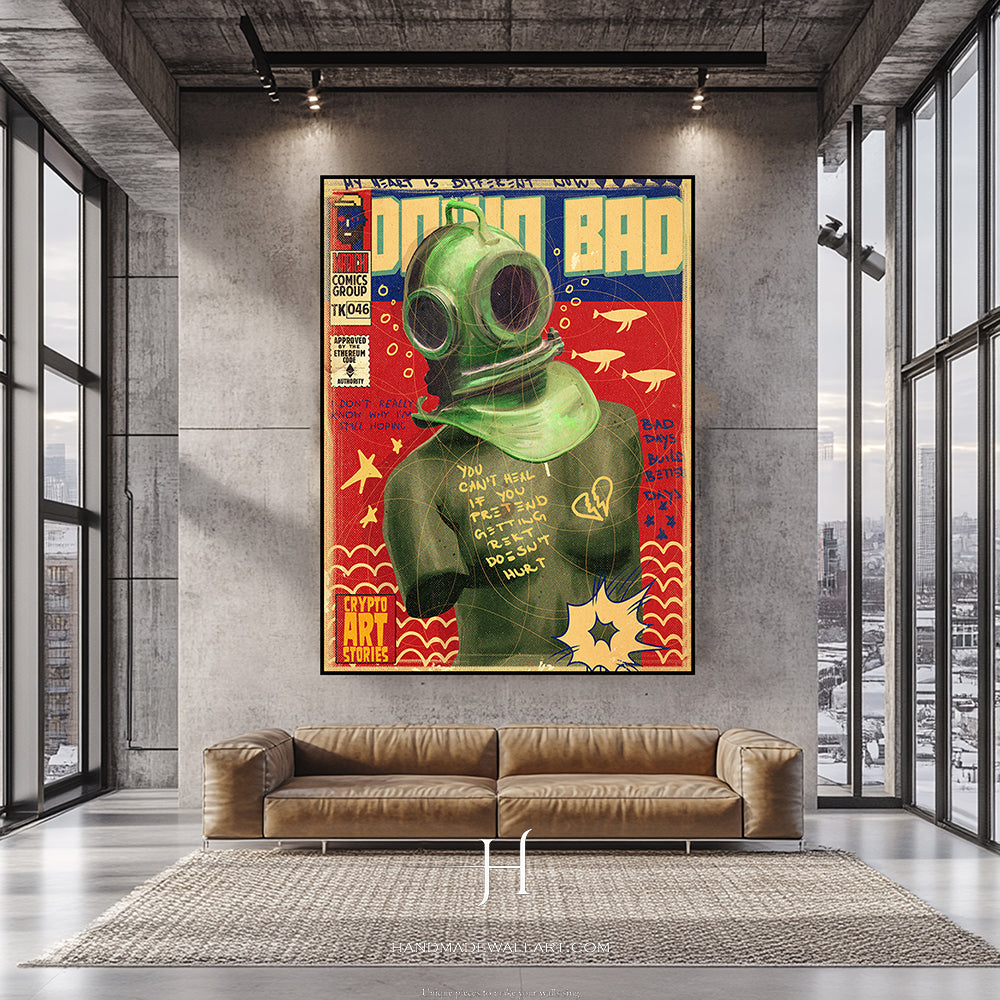 a living room with a couch and a painting on the wall