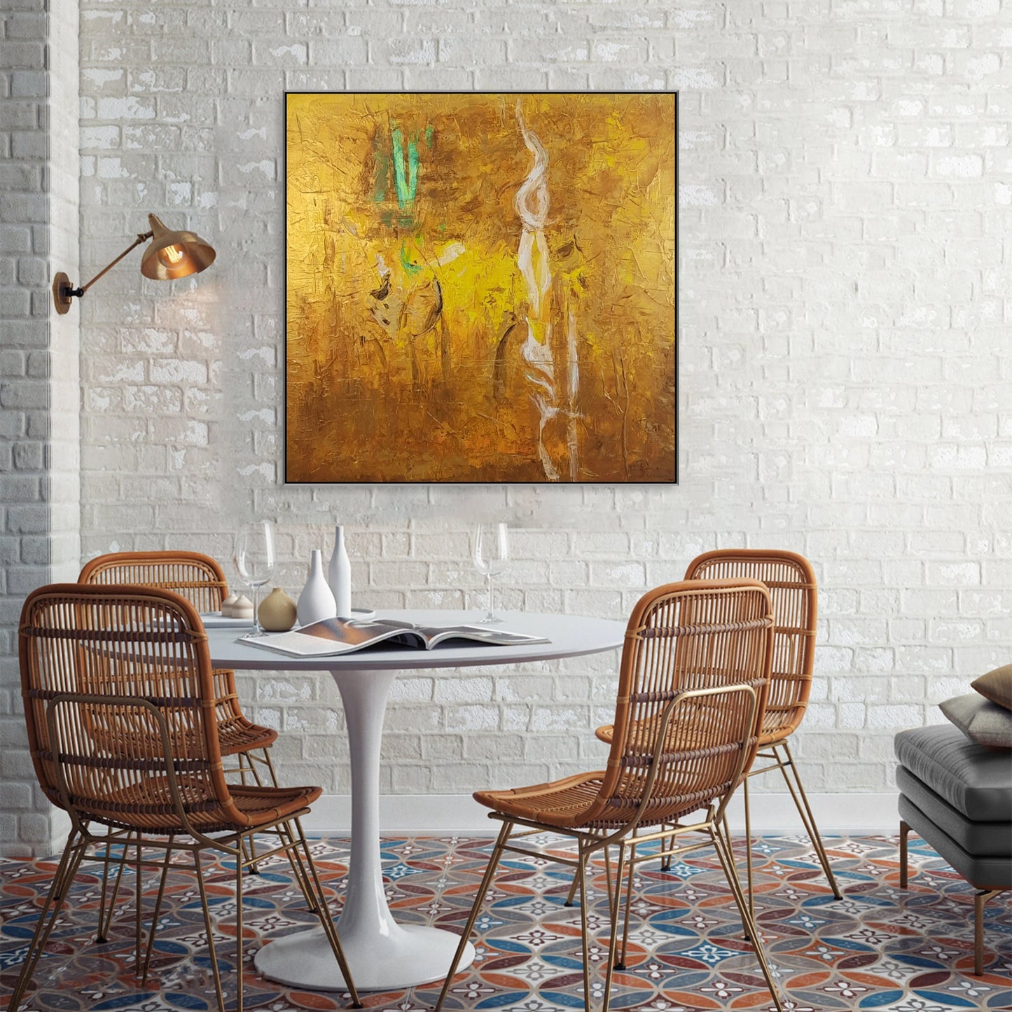 a modern dining area with a white table and chairs, a large abstract painting on the wall, and a patterned rug on the floor.