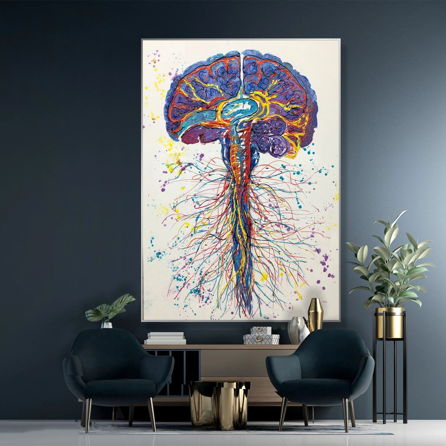 a large, colorful painting of a brain with intricate patterns and splashes of color, hanging on a wall in a room with two blue chairs and a potted plant.